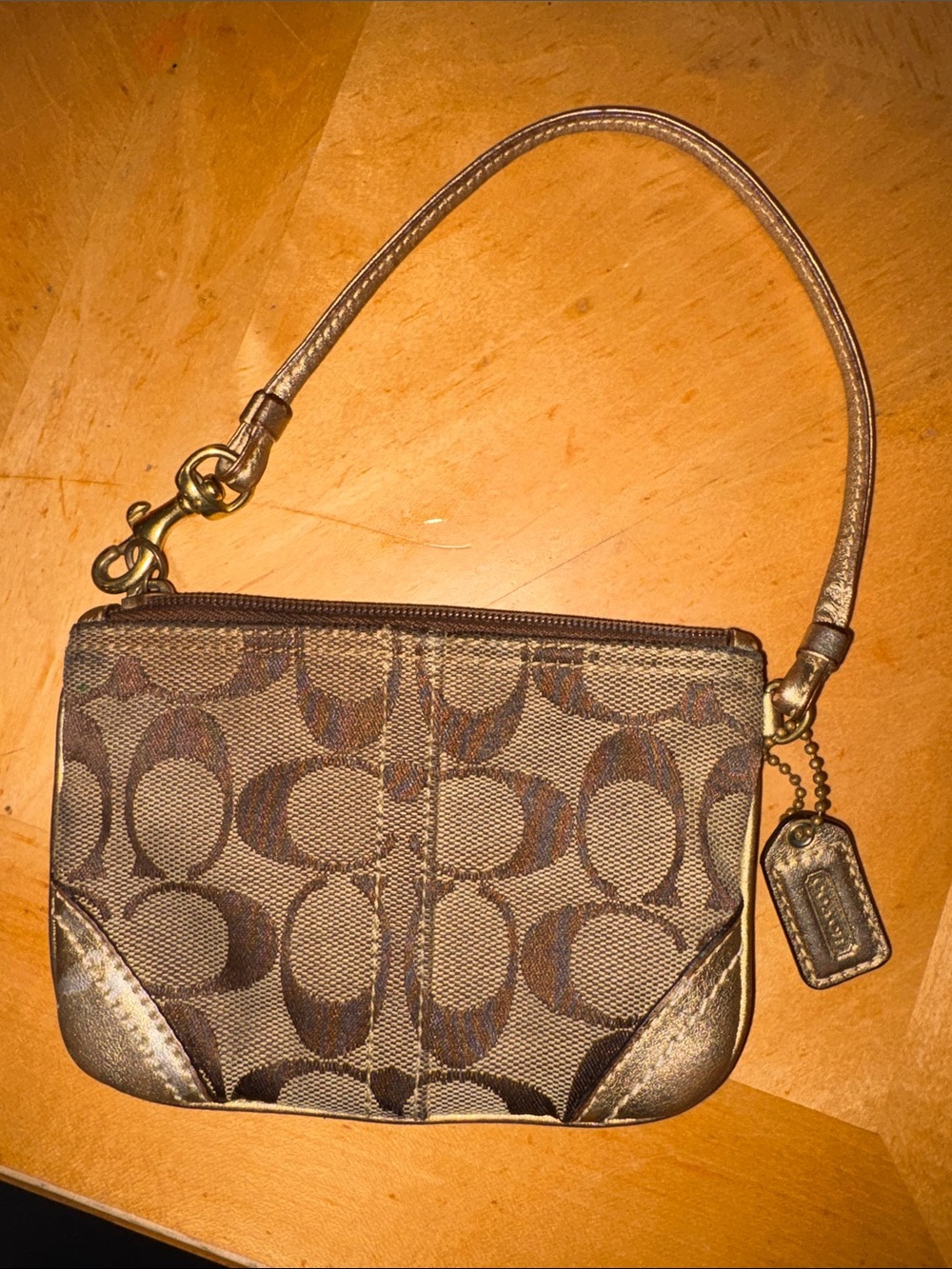 Coach Signature Canvas Wristlet in Brown with Gold Trim